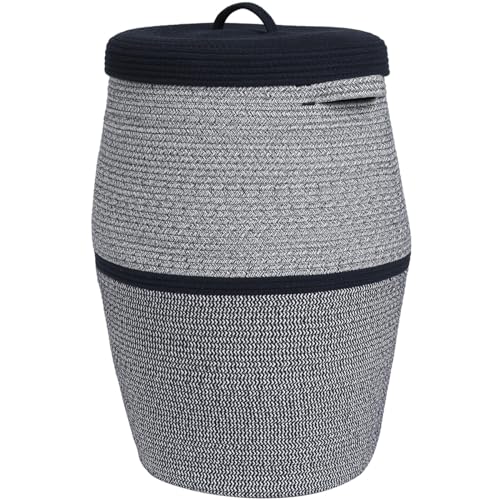 26"x20" Extra Large Tall Woven Laundry Basket with Lid, Cotton Rope Blanket Storage Basket, Freestanding Decorative Bin for Bedroom Living Room, Navy Blue Mix - color: Two Sides Dark Blue Mix, size: 26"x20"