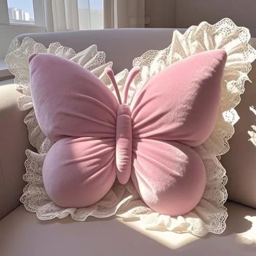 Butterfly Throw Pillow,21.6 inch Velvet Butterfly Decorative Pillow | Lace Trim,Animal Pillow for Couch Living Room Bed,Home Garden Decor - color: Pink