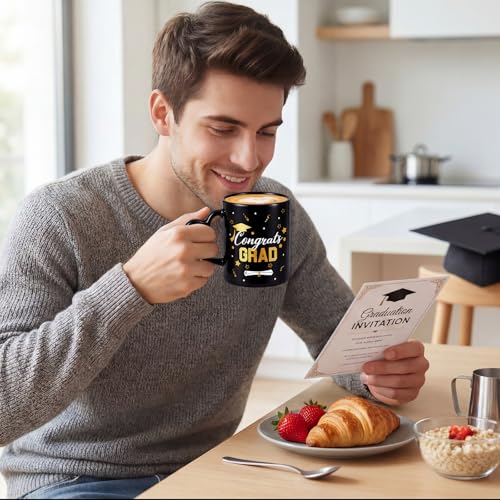 Pickmesh Graduation Coffee Mug Set of 6, 10 oz Ceramic Enamel Cups with Heart Handle, Black Gold Congrats Designs Class of 2026 Drinkware for Grad Gifts & Graduation Party Supplies - color: Black/Gold, style: Graduation