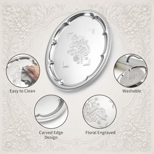 4 Pack Silver Serving Trays Set, Serving Trays for Party | Floral Pattern Engraved Mirror Tray, Tableware Platters for Whiskey, Cookies,Snacks, Desserts, Party Food Display