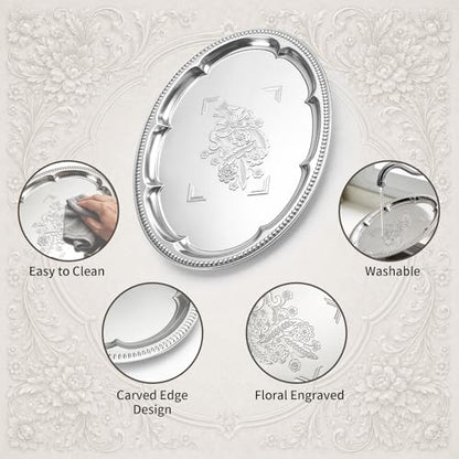 4 Pack Silver Serving Trays Set, Serving Trays for Party | Floral Pattern Engraved Mirror Tray, Tableware Platters for Whiskey, Cookies,Snacks, Desserts, Party Food Display