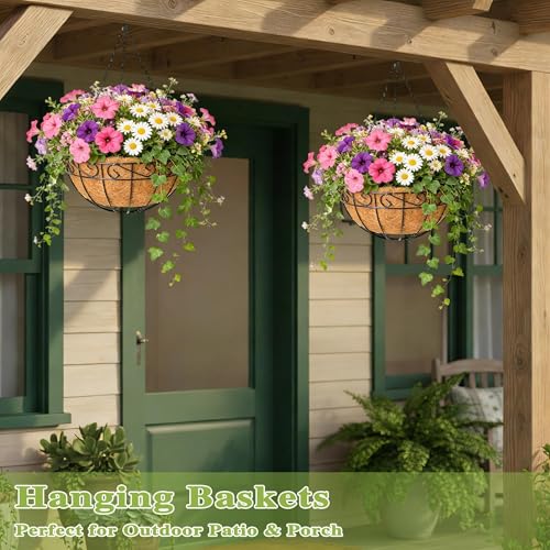 4 Pack 14 Inch Hanging Baskets for Plants Outdoor Metal Hanging Planter Hanging Flower Baskets with Coco Fiber Liners Chain Round Wire Plant Holder Hangings Flower Pots(Plaid) - size: 14 Inch, style: Plaid