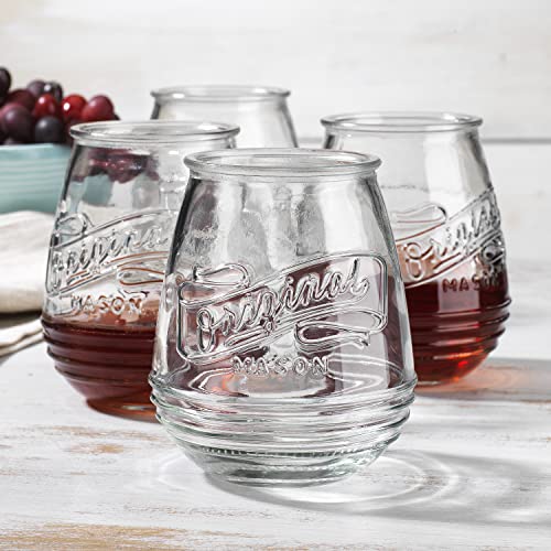 Glaver's Stemless Wine Glasses 21 Oz. Set Of 4 Original Mason Vintage Goblet Beverage Glasses Uses For Your Cocktail Lounge, Whiskey Parties, and Everyday Dinner Table. Dishwasher Safe. (Large) - color: Clear, size: 21 Ounces