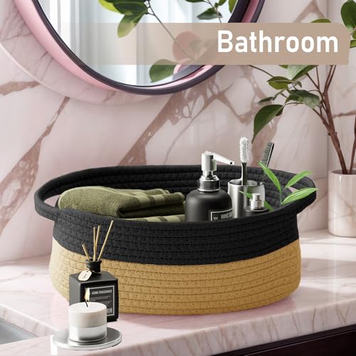 JMvicyroam Small Woven Basket, Empty Gift Basket, Black&Jute/2 Pack | Small Gift Basket, Cotton Rope, 12 x 8 x 82 in, Handles, Includes Ribbon and Bag, Birthday Gift Basket - color: Black&Jute, size: 2 Pack