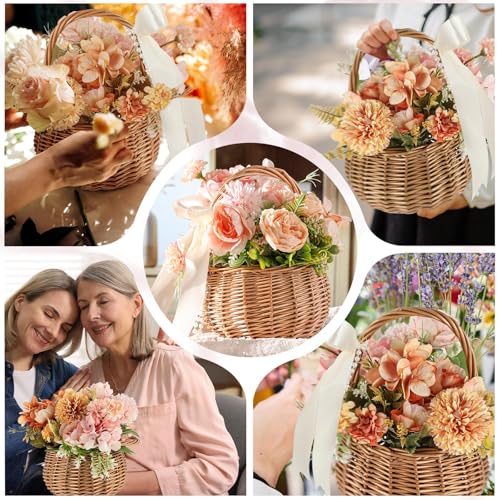 Weysat 2 Pcs Small Flower Girl Basket with Handle, Pearl and Bow, Wicker Rattan Flower Basket Set, Rustic, Cute, Hand Woven for Wedding Girl Home Decorations Picnic Garden Candy Sweets Gifts Storage - style: Pearl and Bow