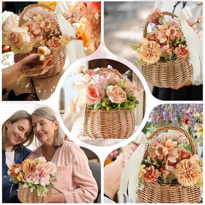 Weysat 2 Pcs Small Flower Girl Basket with Handle, Pearl and Bow, Wicker Rattan Flower Basket Set, Rustic, Cute, Hand Woven for Wedding Girl Home Decorations Picnic Garden Candy Sweets Gifts Storage - style: Pearl and Bow