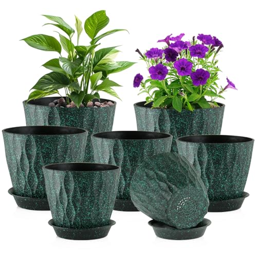 Meowell 7/6.5/6/5.5/5/4.5/4 inch Plant Pots for Indoor Outdoor Plants, 7 Pack Thick Flower Pots with Drainage Holes and Saucers, Wave Texture Plastic Planters Nursery Pots, Black with Green Speckles - color: Black With Green Speckles, size: 7+6.5+6+5.5+5+