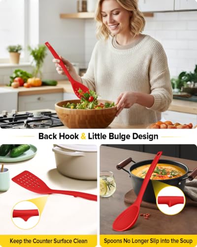 Pack of 4 Silicone Cooking Utensils Set, Non Stick Solid Spatulas and Heat Resistant Slotted Spoons with Back Hooks, Ideal BPA Free Kitchen Utensils Set for Frying,Serving,Turning,Stirring (RED) - color: Red