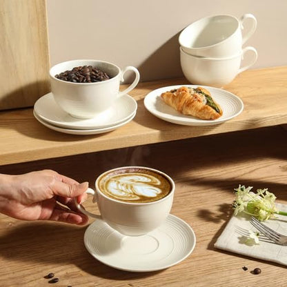 12 oz Cappuccino Cups with Saucers, Ceramic Espresso Coffee Cups Set of 4, White Latte Cup and Saucer, Elegant Tea Mugs Set, Microwave Dishwasher Safe Drinkware for Cafe, Housewarming Gift - color: A - 12oz