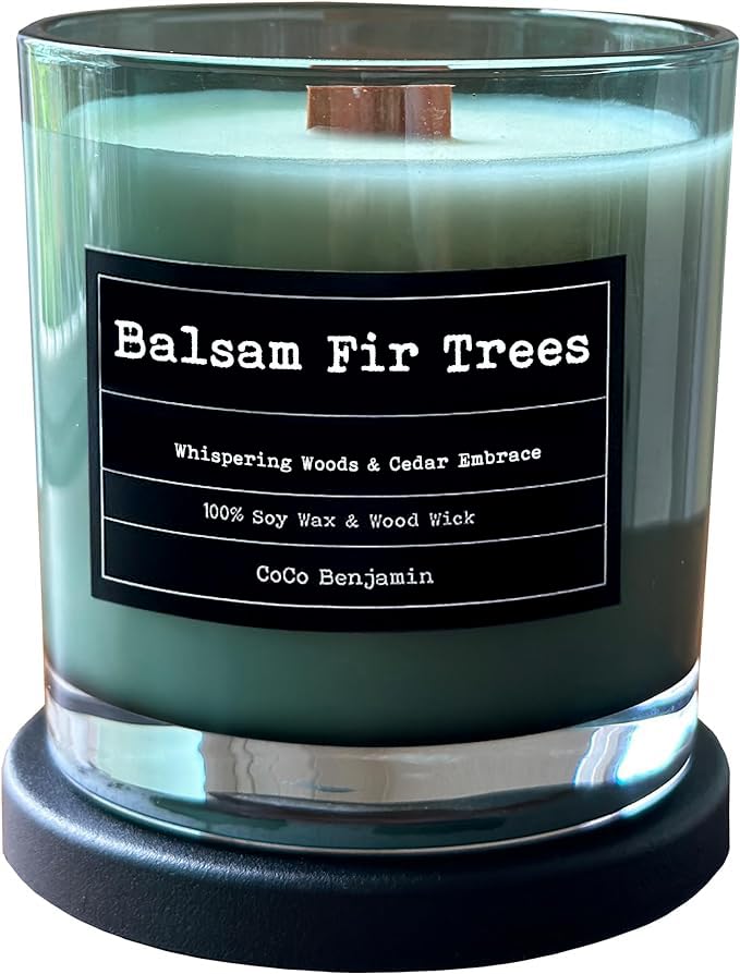 100% Natural Soy Wax Candle by CoCo Benjamin -Balsam Fir Trees -Highly Scented Hand-Poured Luxury Candle with Soothing Crackling Wood Wick for Clean & Even Burn - style: Balsam Fir Trees (Wooden Wick)
