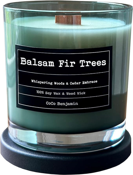 100% Natural Soy Wax Candle by CoCo Benjamin -Balsam Fir Trees -Highly Scented Hand-Poured Luxury Candle with Soothing Crackling Wood Wick for Clean & Even Burn - style: Balsam Fir Trees (Wooden Wick)