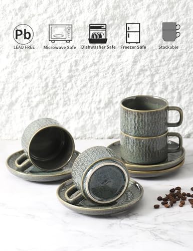 Espresso Cup with Saucer - 6 Ounce Ceramic Espresso Mugs Set of 4, Cappuccino Cups Set, Latte Coffee Cups for Coffee, Cafe Mocha, Tea, Green