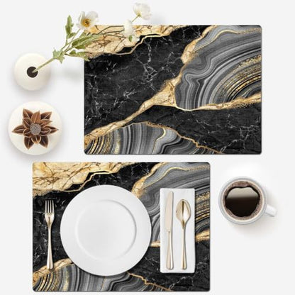 Mcalk Black Marble Table Runner and Placemats Set of 6 Pieces, Gold Marble Placemats, Modern Cloth Place Mats Indoor for Kitchen,Washable Linen Material for Dining Table - color: 02marble Black