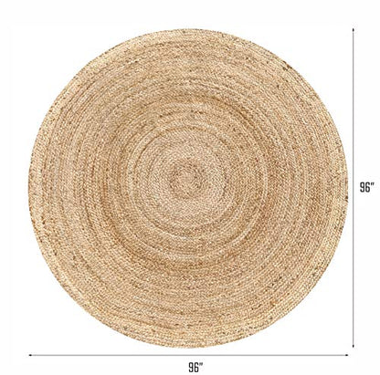 Hausattire Jute Braided Round Area Rug, Natural, 8 ft | 100% natural jute, hand woven, reversible, boho farmhouse style, bedroom/living room/kitchen use - color: Natural, size: 8' Round