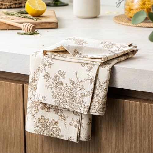 Multi-Purpose French Pastoral Tea Towels Set of 2, Brown | 100% Organic Cotton Flour Sack Kitchen Towels, 18x25in Absorbent Dish Cloths, Farmhouse Napkins, Decorative Hand Towels Set - color: Brown