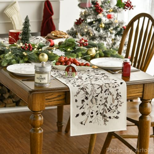 Artoid Mode Leaves and Flowers Cotton 210 GSM Winter Table Runner, Seasonal Christmas Kitchen Dining Table Decoration for Home Party Decor 13x90 Inch - size: 13" x 90", Table Runner