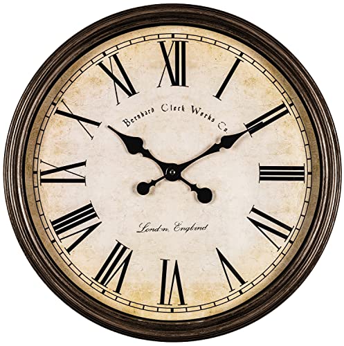Bernhard Products Large Decorative Wall Clock 20 Inch Silent Non Ticking Battery Operated Quartz Vintage Stylish with Rustic Dark Brown Rim for Home Living/Dining Room Kitchen & Over Fireplace - style: Rustic Brown