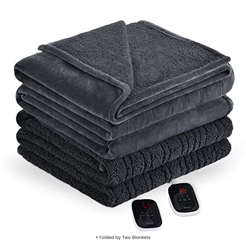 Bearhug Electric Blanket King Size with Dual Controls, 10 Heat Levels & 1-12H Auto Shut-Off, Fast Heating Soft Velvet to Sherpa Heated Blanket for Couples, Machine Washable, Gray - color: Gray-velvet & Sherpa, size: King Size 100" × 90"