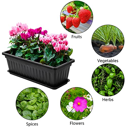 Fasmov 7 Pack 17 Inches Flower Window Box Plastic Vegetable Planters with Trays Vegetables Growing Container Garden Flower Plant Pot with 7 Pcs Plant Labels for Balcony, Patio, Garden, Black - color: 7pack,black