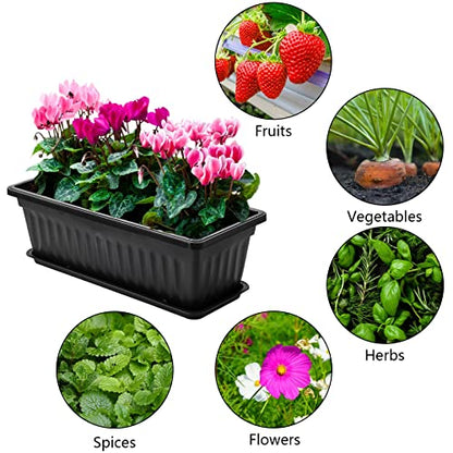 Fasmov 7 Pack 17 Inches Flower Window Box Plastic Vegetable Planters with Trays Vegetables Growing Container Garden Flower Plant Pot with 7 Pcs Plant Labels for Balcony, Patio, Garden, Black - color: 7pack,black