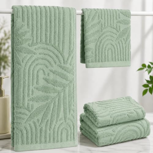 Shemilly Boho Leaves Towels Set of 4,100% Cotton 2 Hand Towels,2 Washcloths | Soft Absorbent Sage Green Jacquard Decorative Towel for Spring Summer Holiday Home Bathroom Kitchen Decor Gift - color: Sage Green Boho Set