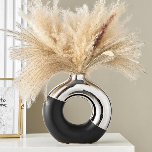 FJS Black and Silver Decorative Vase, Round Centerpiece for Table Decor | Ceramic Black and Silver Vase for Pampas Grass, 8"L x 8"H Round Centerpiece for Living Room Decor, Coffee Table, Shelf Decor - color: Black & Silver, size: Large(8" L x 8" H)