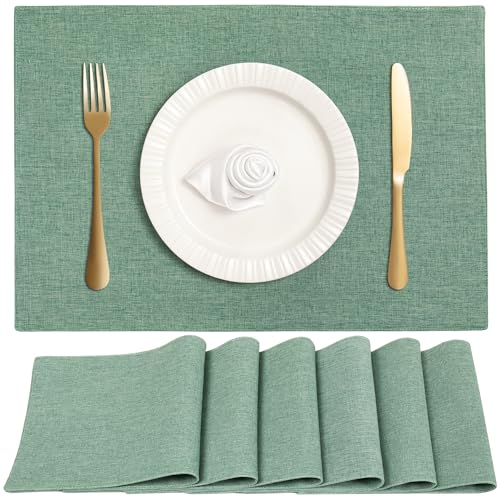 Linen Cloth Double Layers Placemats, Cotton Woven Placemats Set of 6, Kitchen Table Farmhouse Decor Heat Resistant Table Mats, Outdoor Indoor Square Fabric Place Mats Can be Washable (Light Green) - color: Light Green