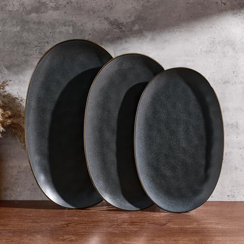 famiware Serving Platters Set of 3 Sizes - Oval, Matte Dark Charcoal | 15.59"/14.3"/12.9" Fine Stoneware Serving Trays for Party, Entertaining for Food, Turkey, Cheese, Microwave Dishwasher Safe - color: Matte Dark Charcoal