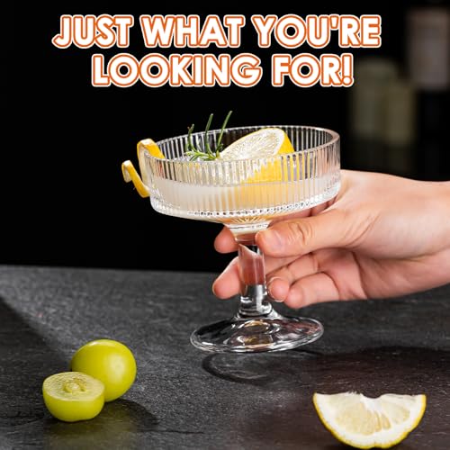 12 Pcs Martini Glasses, 6.7oz Crystal Champagne Tower, Art Deco Ribbed Coupe Glasses, Stem Cocktail Glassware Set, Margarita Cups, Heavy Base Bar Glassware for Martini, Gimlet, Manhattan - style: Ribbed Style