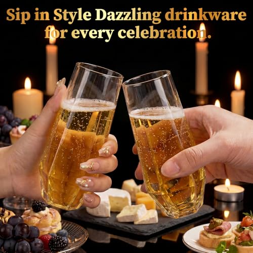 GuanQiao 12 Pack Stemless Plastic Champagne Flutes, 9oz Diamond Disposable Champagne Glasses, Heavy Duty Shatterproof Mimosa Glasses for Wine Tasting, Wedding, Bridal Shower, Party Supplies, Birthday - color: Diamond, size: 12-Pack