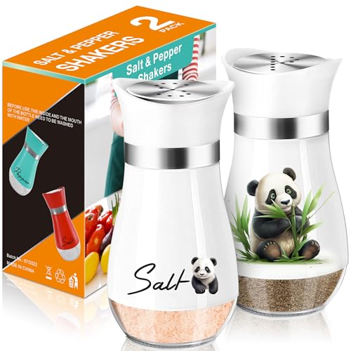 Panda Salt and Pepper Shakers - 4 oz Glass Set with Stainless Steel Lids | Eating Panda Design with Glass Bottoms and Stainless Steel Lids Adds Playful Style to Kitchens and Makes Refilling Easy. - color: Panda Eatting