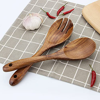 AOOSY Wooden Salad Tongs,10.2 In Acacia Wood Salad Servers,Set of 2 | Salad Fork and Salad Spoon for Serving,Mixing,Cooking,Long Handle Salad Server Set - size: 10.2inch