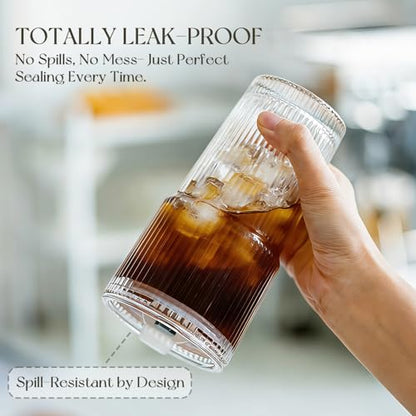 KEMORELA 20oz Ribbed glass cups with lids and straws, Iced Coffee Cups | Reusable thick-wall glass, Leak-Proof Lids, Fits Most Car Cup Holders, For Iced Coffee and Cold Drinks, With Cleaning Brush - size: 20oz 0.3"straw