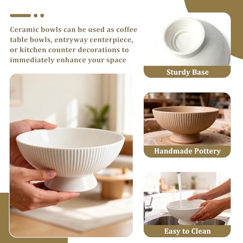 Gutedeal 10 Inch Large Decorative Bowl Handmade Ceramic Matte White Striped Decor Bowls, Spacious Fruit & Key Catch All Bowl for Kitchen Counter, Entryway, Centerpiece, Wedding - size: 10 Inch