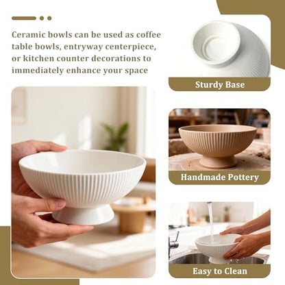 Gutedeal 10 Inch Large Decorative Bowl Handmade Ceramic Matte White Striped Decor Bowls, Spacious Fruit & Key Catch All Bowl for Kitchen Counter, Entryway, Centerpiece, Wedding - size: 10 Inch
