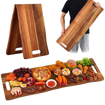 FoldTier Large Acacia Charcuterie Board with Handles 36 x 12 Inch Christmas Extra Large Wood Foldable Serving Tray Rectangular Appetizers Cheese Food Meat Board for New Home Party Housewarming Gifts - size: 36" x 12" x 12"
