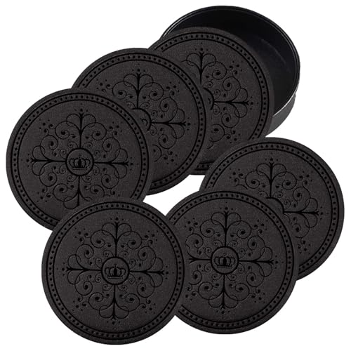 Coasters Set of 6 - PU Leather Coasters for Drinks with Holder - Black - color: Black
