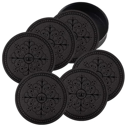 Coasters Set of 6 - PU Leather Coasters for Drinks with Holder - Black - color: Black