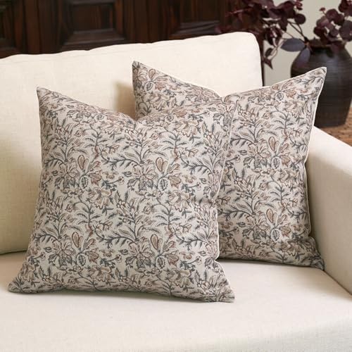 Amor Virisso Floral Throw Pillow Covers 20x20 Set of 2 Vintage Block Print Pillow Covers Decorative Pillow Covers Couch Pillows for Living Room Farmhouse Accent Sofa Pillows, Green/Sand - color: Green/Sand, size: 20" x 20" (Pack of 2)