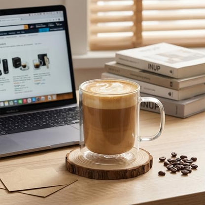 4PCS 12OZ Double Walled Glass Coffee Mugs, 350ml Borosilicate Glass Coffee Cups Insulated Coffee Mug with Handle Clear Heat Resistant Hot/Cold Beverages Dishwasher Safe Cappuccino Tea Latte