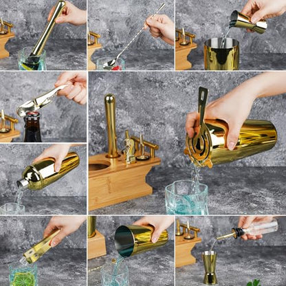 JNWINOG Cocktail Shaker Set Stainless Steel Bartending Kit 18.6oz Cocktail Bar Set Cocktail Mix Drink Making Kit Professional Bar and Home Drink Bar Tools for Bartender (Gold, 12Pcs-1) - color: Gold, size: 12Pcs-1