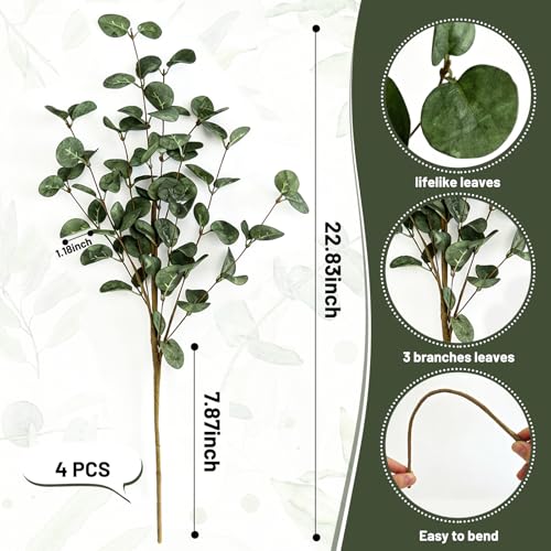 4PCS 22.2Inch Faux Greenery Eucalyptus Stems Leaves Plant for Vase(Green) | soft thin-styrofoam nice-touch natural look easy to adjust suitable for various vases without any maintenance - color: Green