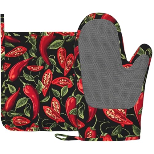 Mexican Hot Pepper Chili Oven Mitt and Pot Holder with Silicone Heat Resistant Kitchen for Cooking BBQ Baking Grilling Cooking Protection - color: Mexican Hot Pepper Chili