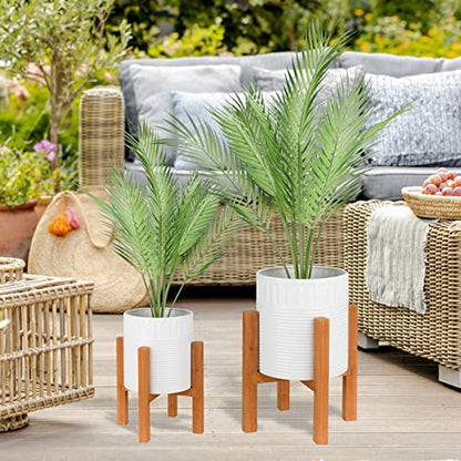 2-Piece White Metal Planter Set with Wood Stand, Indoor Mid Century Modern Planters with Drainage, 8" & 10" | Planter with Drainage Hole, Elevated Wooden Holder, Indoor Home Decor for Snake Plants, Pothos and Large Houseplants