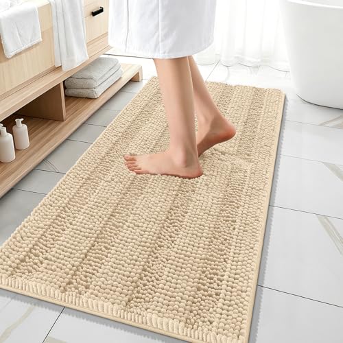 OLANLY Thick Bathroom Runner Rugs 47x20, Soft Chenille Bath Rugs, Beige | Absorbent Striped, Rubber Backing, Machine Wash, Long Bath Mats for Bathroom Floor, Tub and Shower, Home Decor Accessories - color: Beige, size: 47" X 20"