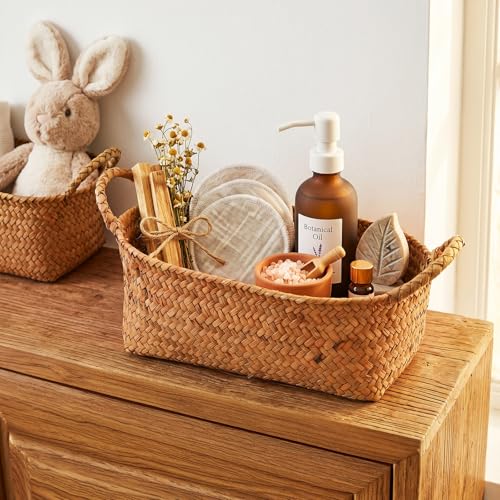 Elsjoy Set of 3 Woven Seagrass Baskets with Handles, Oval Wicker Woven Storage Baskets, Rattan Shelf Basket for Fruit, Bread, Kitchen