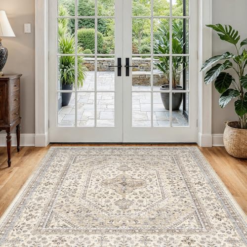 Puino 4x4 Square Washable Area Rug - Non-Slip Vintage Throw Rugs Beige Gray | Low Pile Thin Carpet for Living Room Soft Pet-Friendly Indoor Door Mat for Entryway Bedroom Bathroom Home Decor - color: Beige/Gray, size: 4' x 4' (Square)