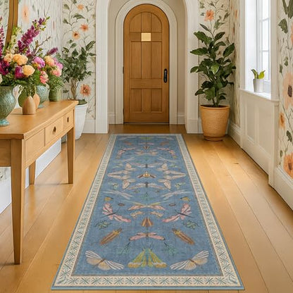 Boho Non Slip Kitchen Rug Runner - 2x5 Blue Washable Thin Rug for Bathroom, Laundry Room, Hallway, Non Slip with Rubber Backing, Insect Print Unique Runner - color: Blue, size: 2' x 5' (Runner)