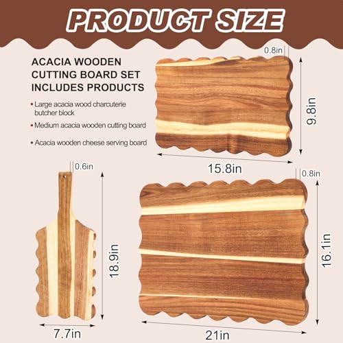 Novabright 3 Pcs Extra Large Acacia Wood Charcuterie Boards Set, Unique Wavy Edge Scalloped Cutting Boards for Kitchen, Wooden Serving Tray for Cheese Meat Fruit, Ideal Housewarming Gift (Flat Wavy) - style: Flat Wavy