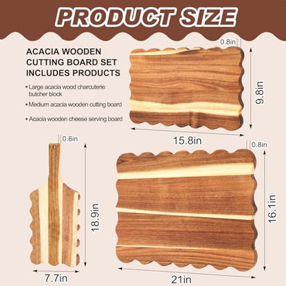 Novabright 3 Pcs Extra Large Acacia Wood Charcuterie Boards Set, Unique Wavy Edge Scalloped Cutting Boards for Kitchen, Wooden Serving Tray for Cheese Meat Fruit, Ideal Housewarming Gift (Flat Wavy) - style: Flat Wavy